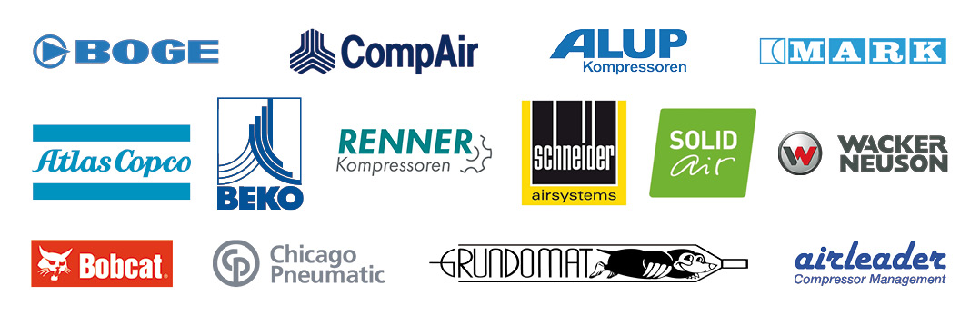 Partner-Logos: Boge, CompAir, Alup, Mark, Atlas Copco, Beko, Schneider, Renner, Solid Air, Wacker, Neuson, Bobcat, Chicago Pneumatic, Grundomat und Airleader